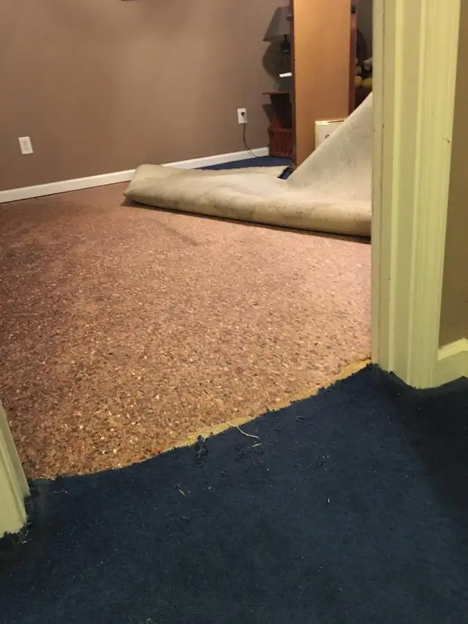 Carpet pad removal revealing water damage during Drying & Dehumidification in Heber Springs